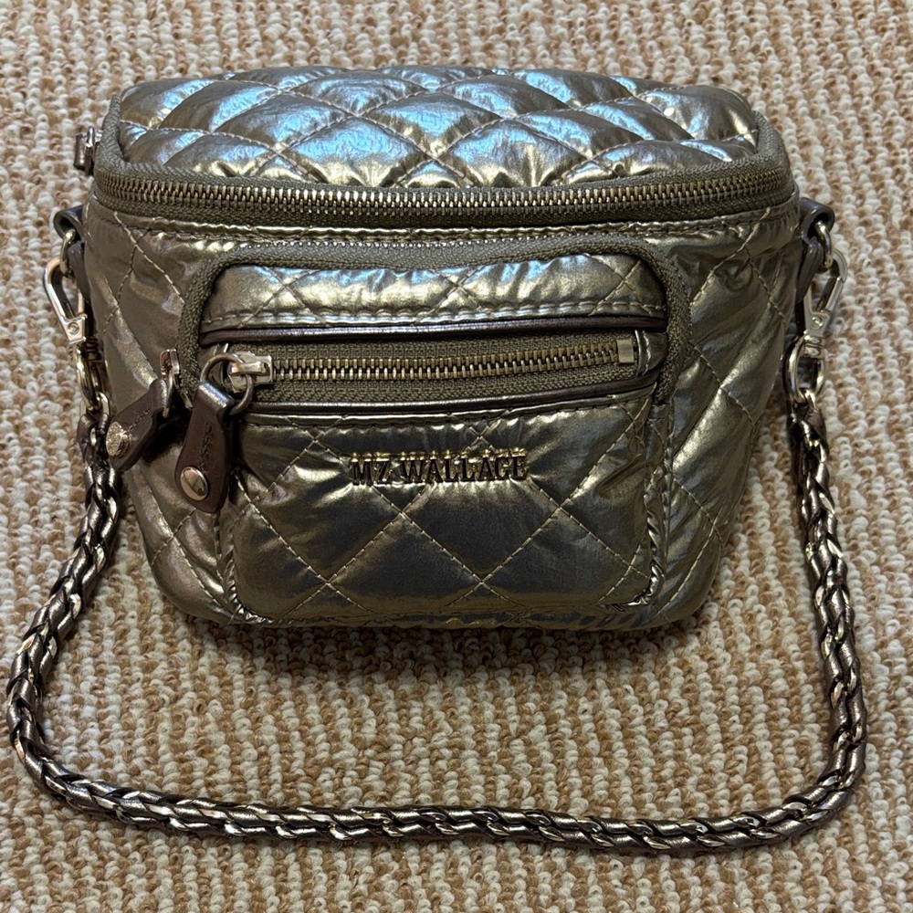 MZ Wallace Metallic Gold Quilted Micro Crossbody Bag